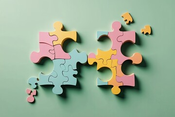 Obraz premium Innovative Puzzle Pieces Merging on Pastel Green Background Representing Collaboration and Creative Solutions