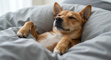 A cute brown dog is seen sleeping soundly on its back covered by a soft grey blanket. Capturing the concept of pure relaxation and comfort in pet daily life at home.