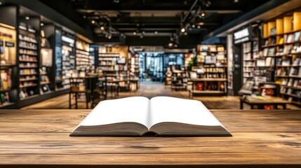 Fototapeta premium Open book rests on a wooden table inside a bookstore.