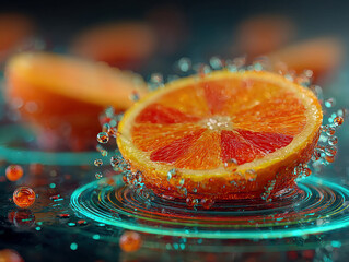 Floating orange grapefruit halves with blue holographic rings and pulsing light reflections in a dark environment Water droplets scatter around, creating movement and contrast Realist - AI-Generated