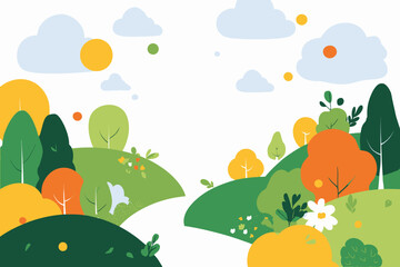 Flat linear style spring landscape vector with greeting card design template and copy space