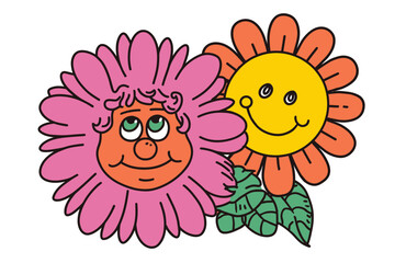 Simple linear style vector with hippie happy groovy smiling character funny sun and flower design templates and stickers