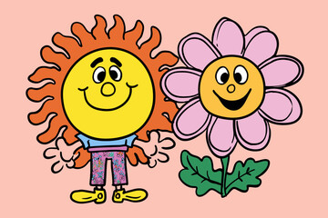 Simple linear style vector with hippie happy groovy smiling character funny sun and flower design templates and stickers