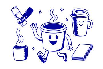 Funny cartoon mascot coffee cup vector logo design template graphic elements for advertising branding posters banners print and stickers