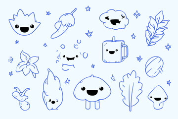 Funny cartoon smiling character and mascot vector logo design template graphic elements for advertising branding posters banners abstract stickers and line icons