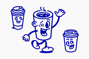 Funny cartoon coffee cup mascot vector logo design template graphic elements for advertising branding posters banners print and stickers