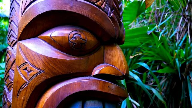 Close-up of wooden carved tribal mask with intricate details set in lush foliage and green plants, highlighting craftsmanship and cultural artistry