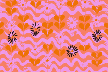Seamless Floral Ocean Pattern Vector Groovy Wavy Naive Style Hand Drawn Flowers Plants for Modern Surface Design and Prints