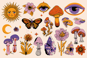 60s 70s Psychedelic Vector Set Retro Groovy Mushrooms Flowers Eyes Sun Moon Butterfly Boho Stickers