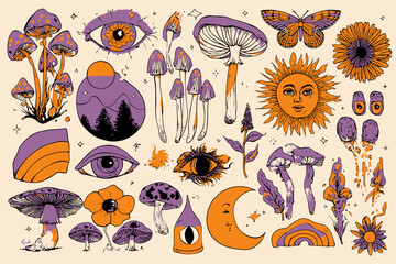 60s 70s Psychedelic Vector Set Retro Groovy Mushrooms Flowers Eyes Sun Moon Butterfly Boho Stickers