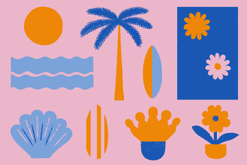 Bright Bold Minimal Vector Illustrations Wavy Groovy Doodles Hand Drawn Summer Travel Design Set