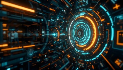 Futuristic Digital Interface with Blue and Orange HUD Elements