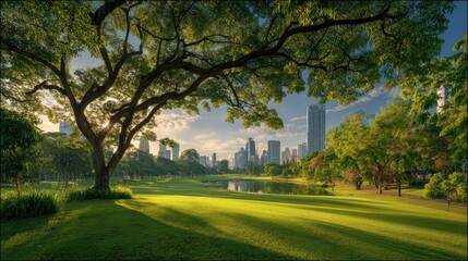 Obraz premium A stunning image of serene Park Landscape with Lush Green Grass and Cityscape View.