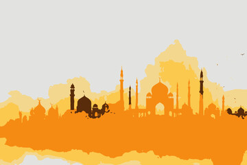 Yellow Watercolor Islamic Banner with Mosque Design Vector Elegant Religious Background