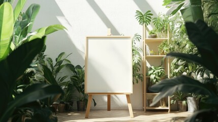 Blank Canvas Mockup in a Sunlit Greenhouse with Lush Tropical Plants