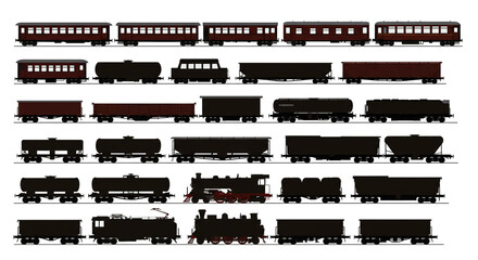 Obraz premium Train car collection vector vintage railway cars steam engine wagons carriages locomotive transport