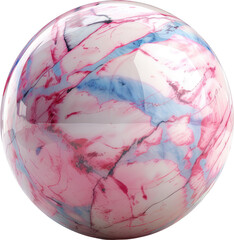 Digitally created, round object with a striking pink and blue marble-like pattern.  Its glossy surface reflects light beautifully.