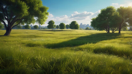 Obraz premium image of a green meadow in a large area with accompanied by a bright blue sky