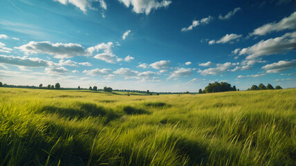 Fototapeta premium image of a green meadow in a large area with accompanied by a bright blue sky