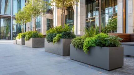 A stunning image of large metal planters with green plants on a modern building patio.