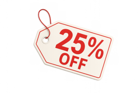 Twenty-five percent off discount tag with red string on transparent background, perfect for sales and promotions