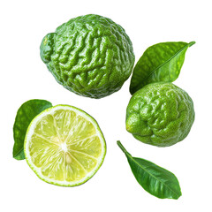 Obraz premium Ripe bergamot citrus fruit with green leaves on Transparent background, ripe bergamot isolated on PNG background