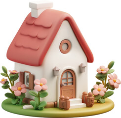 Charming, miniature cottage, detailed with flowers and a cheerful color palette, presented in a cartoonish, three-dimensional style.