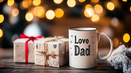 Fathers Day Gift Mug Love Dad Present Bokeh Lights Festive Holiday Season Warm Cozy Winter Feelings Happy Family Moments Special  