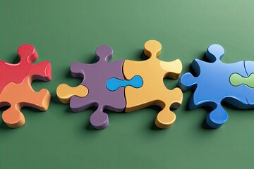 Obraz premium Puzzle Pieces Connecting in Collaboration on a Green Background - Teamwork and Problem Resolution Illustration