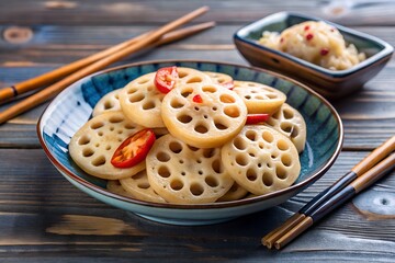 Pickled Lotus Root on a Ceramic Dish with Chopstic