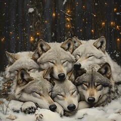 Sleepy wolves huddle in snowy forest, lit by warm light
