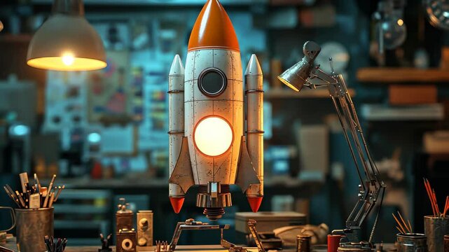 Rocket Ready for Launch: A vintage rocket model stands center stage, its engines glowing in the dim light of a workshop. The desk surrounding it is strewn with tools and materials.