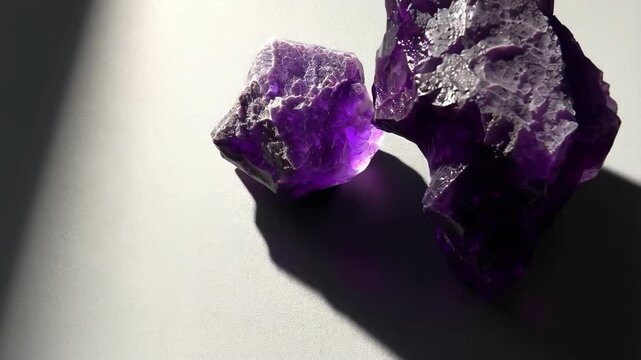 Close up of raw amethyst clusters, showcasing their crystal structure, intense purple hue, and unique formations, mineral specimen