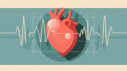 Electrocardiogram with stylized anatomical heart &mdash; flat illustration on teal background