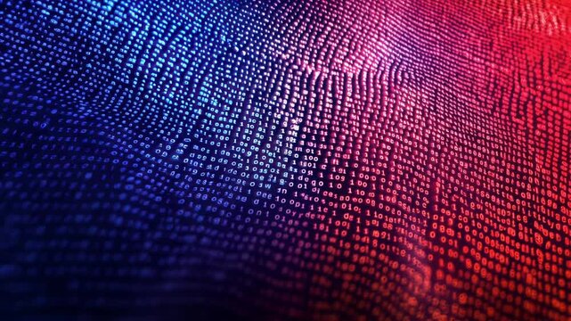 Abstract Digital Data Stream: Binary Code Wave in Red and Blue