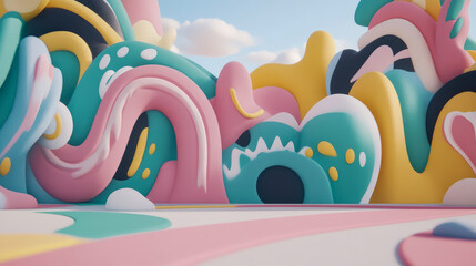 Pastel Dreamscape: A whimsical land of soft colors and rounded shapes under a gentle sky, ideal backdrop for serene projects