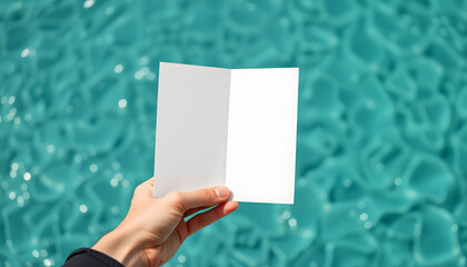Four-fold brochure mockup in a hand above aquamarine background, blurry foreground. White tone