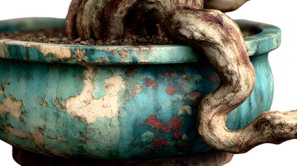 Closeup of aged bonsai in a weathered pot