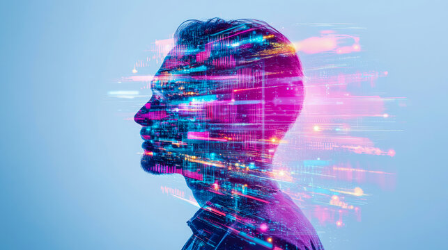 Concept: Digital Identity, Illustration of abstract human head with data streams inside, representing AI, future tech or innovative mind