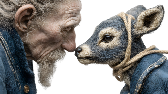 Closeup of an elderly man and a young deer touching noses