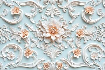 Ornate floral carvings on a pastel backdrop.