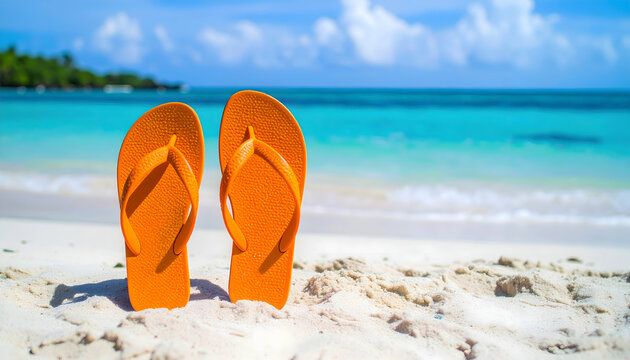 Sendal oren di pantai pasir putih