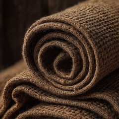Close-Up View of Rolled Brown Cotton Textile with Detailed Texture