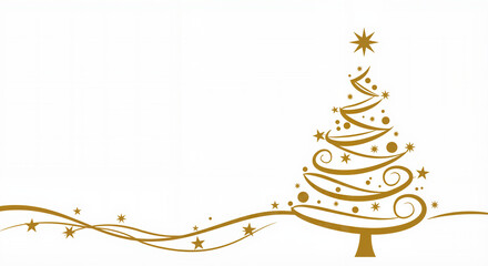 Gold Christmas tree design with decorative swirls and stars  