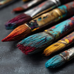 Fototapeta premium Closeup of Colorful Paintbrushes with Paint on a Dark Surface