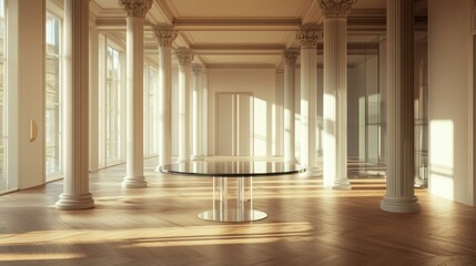 Obraz premium Sunlit Classic Interior with Glass Table and Columns