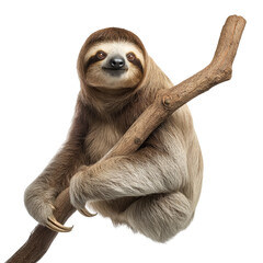 Naklejka premium A sloth rests on a branch, displaying its natural environment and slow-moving habits. It presents a calm, happy demeanor while engaging with its surroundings.