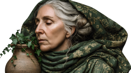 Closeup portrait of a mature woman with gray hair wearing a patterned shawl and holding a pla