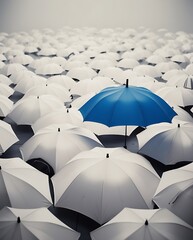 Blue umbrella standing out among a crowd of identical white umbrellas, symbolizing individuality, uniqueness, and creative leadership in a uniform environment

