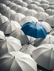 Blue umbrella standing out among a crowd of identical white umbrellas, symbolizing individuality, uniqueness, and creative leadership in a uniform environment

